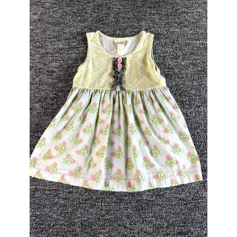Matilda Jane A-Line Dress Kids 8 White Green Floral Pleated Cotton Round Neck